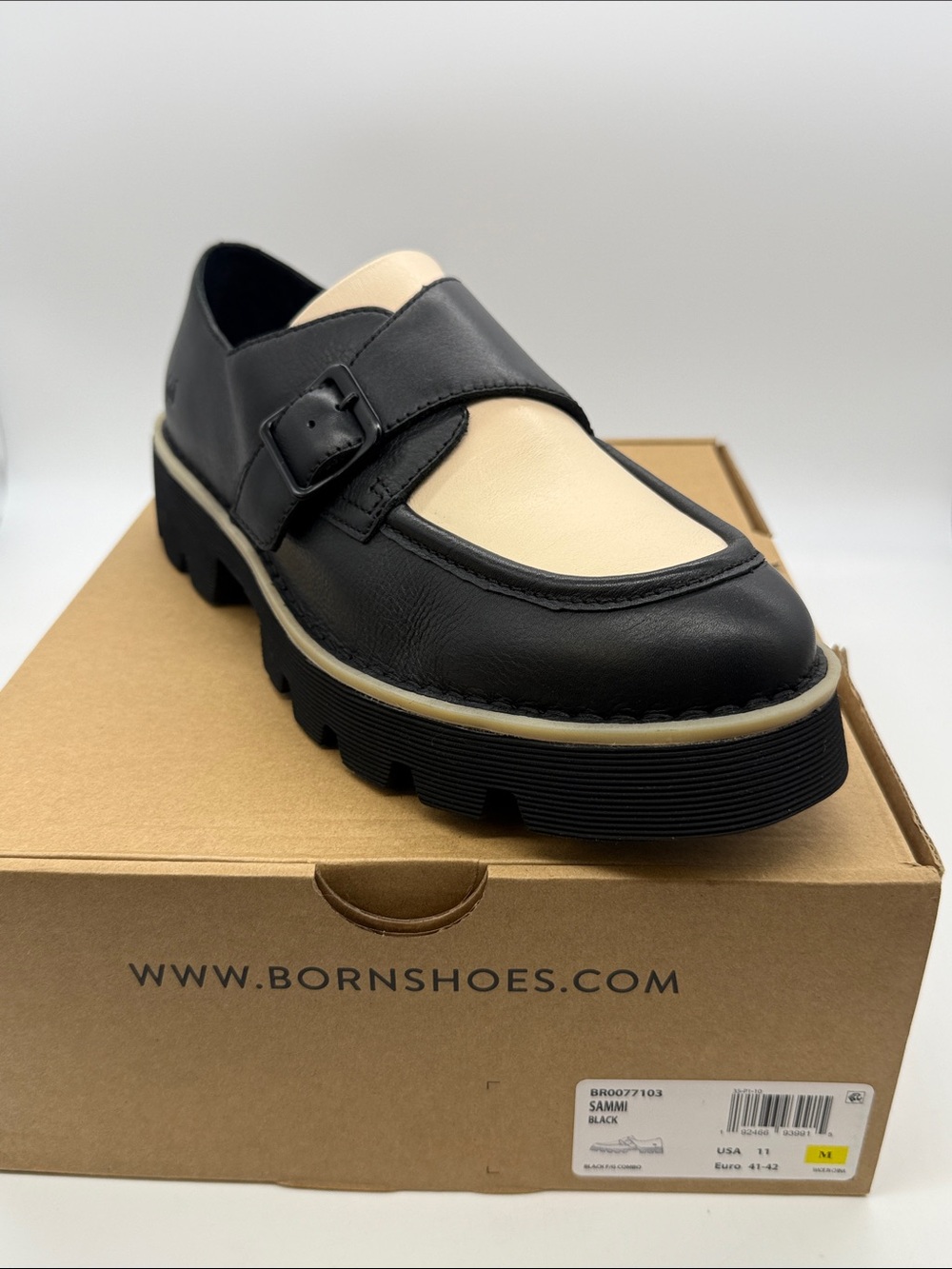 Born Two-Tone Black and Cream Lug Sole Slip-On Loafer